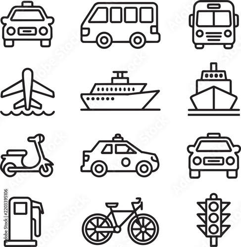 Transportation Icons Set with Car, Truck, Bus, Train, Taxi, Airplane, Ship, Helicopter and Bike, Travel and Vehicle Symbols Vector Illustration