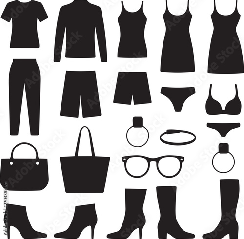 Set of Fashion Clothes Icons with Shirts, Dresses, Pants, Jeans, Jackets and Skirts, Stylish Clothing Collection Vector Illustration for Men and Women