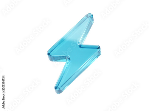 Cyan glass lightning bolt icon 3D render representing electric power, rapid speed and digital innovation, ideal for technology UI design, energy conservation marketing and fast charging branding.