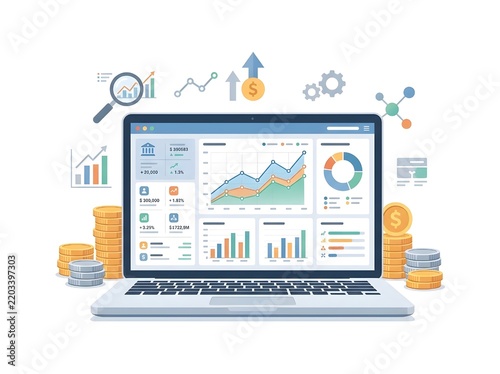 Financial Dashboard on Laptop with Charts and Coin Stacks Illustration