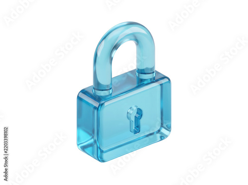 Cyan glass padlock icon 3D render for cybersecurity and data protection, featuring sleek digital transparency and modern design for IT security marketing and private web access interface.
