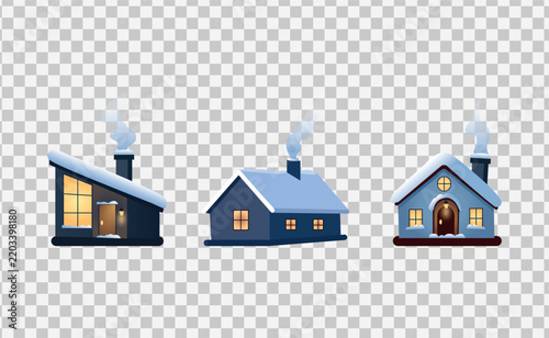 Three charming winter houses with snowcovered roofs and smoking chimneys, evoking warmth