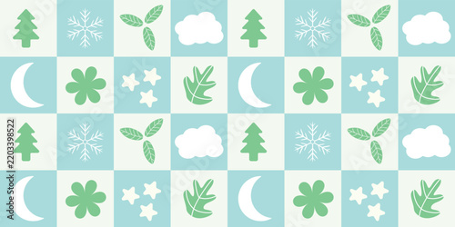 Square gingham white and blue background, with snowflakes, pine tree, leaves, cloud and star decoration pattern