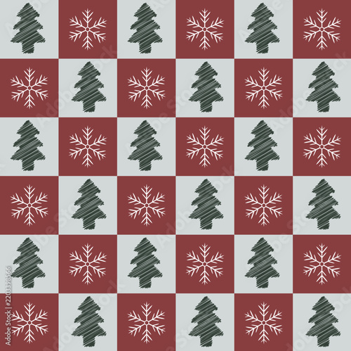 Square gingham white and red background, with pine tree and snowflakes decoration pattern