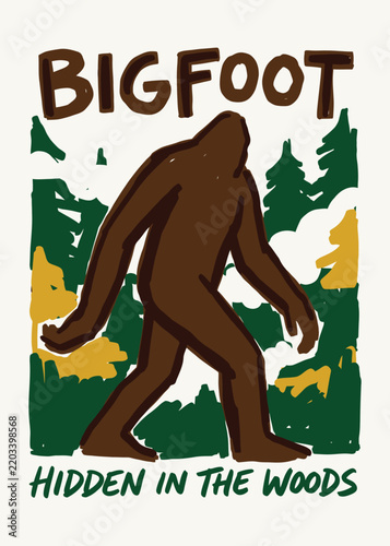 Bigfoot illustration walking through a pine forest for vintage posters