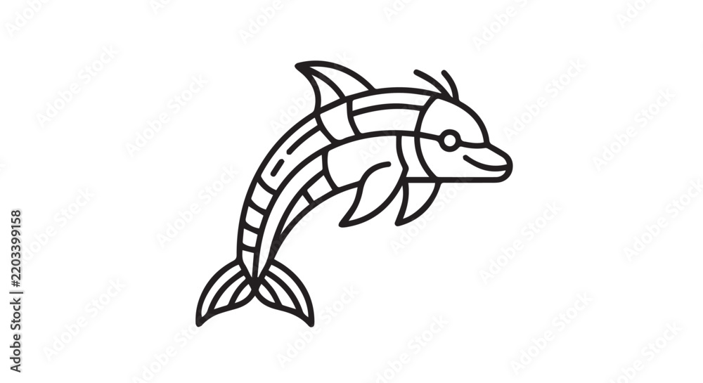 Fototapeta premium Geometric Dolphin Line Art Illustration Jumping Marine Mammal Icon isolated on White