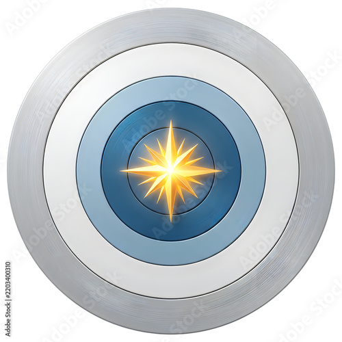 Compass star emblem. Blue and silver circular shield design