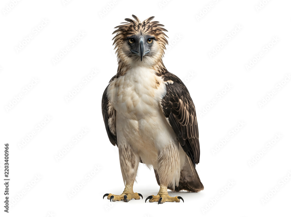 Obraz premium Owl Standing on White Background, Bird of Prey in Natural Pose