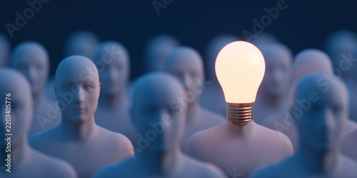 3D render of human figure with glowing lightbulb head standing out in crowd representing innovation and unique creative thinking in business