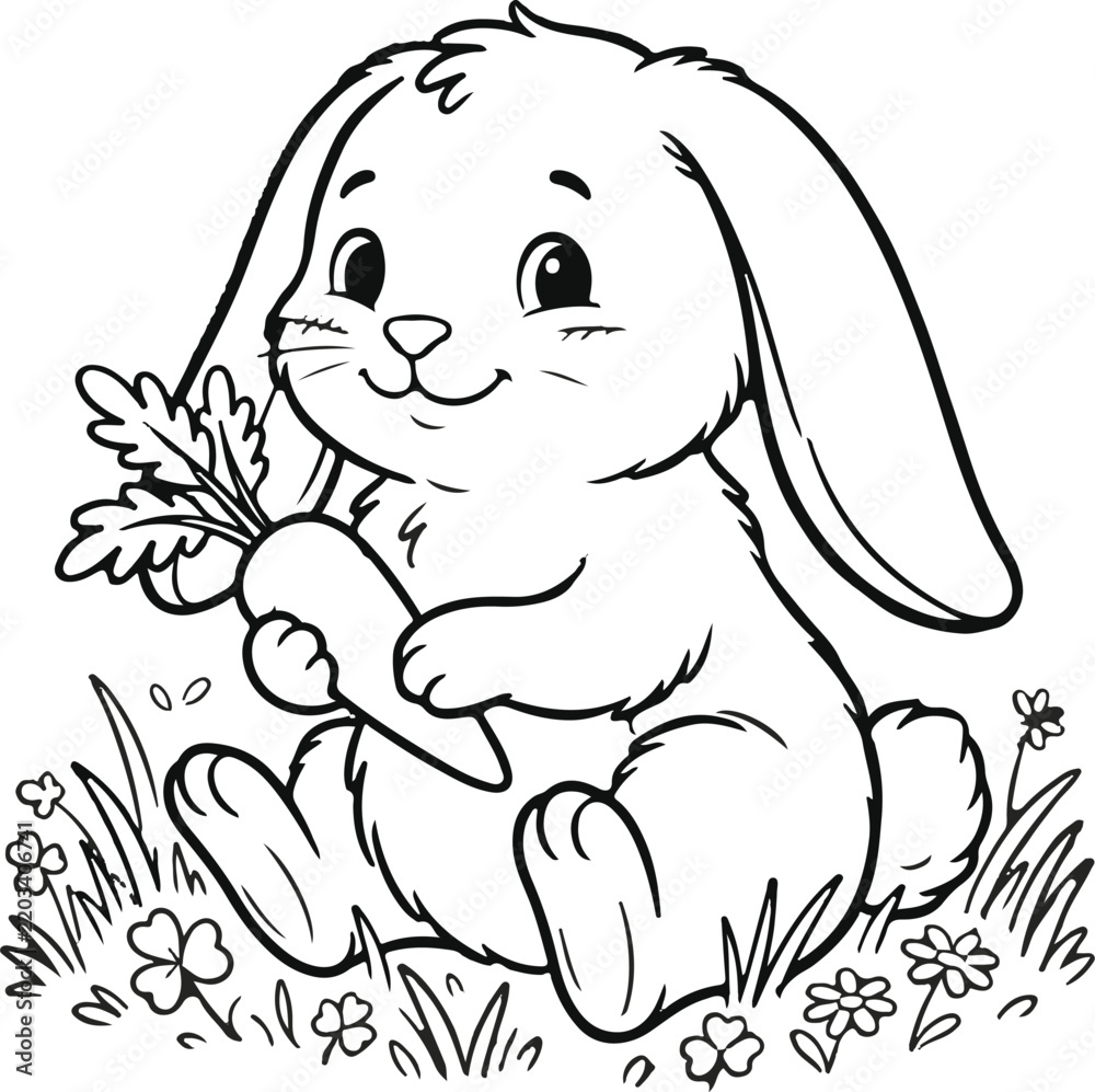 Obraz premium Charming black and white illustration of a sweet bunny sitting in a garden