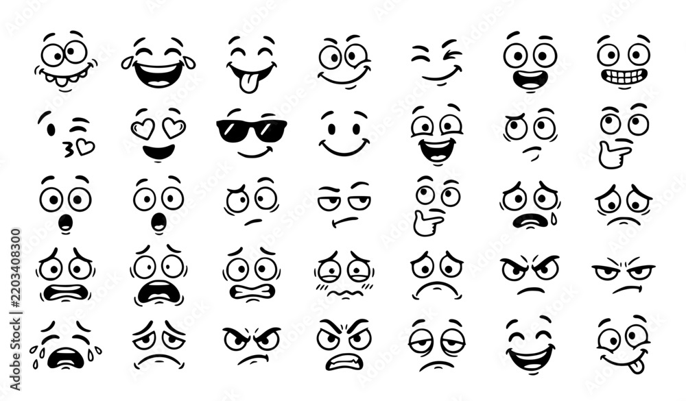 Obraz premium Funny Cartoon Face Emoji Hand Drawn Doodle Reaction Vector Collection