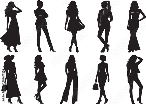 Stylish Female Models in Black Silhouette different pose standing isolated on white background