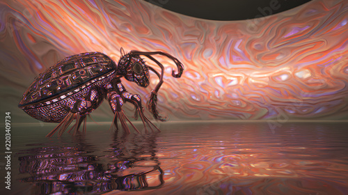 A cosmic robotic beetle with mitochondria-patterned plating and fiber-optic antennae, suspended over a lagoon that mirrors an iridescent silver sphere. The volcanic crater glows in folded ultraviolet-