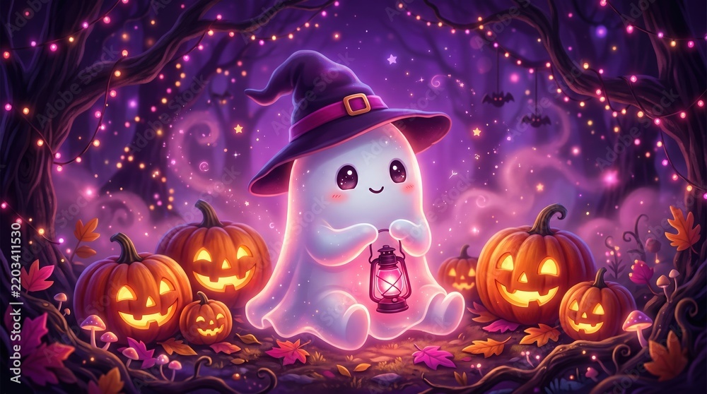 Obraz premium Adorable little ghost in a witch hat sits holding a glowing lantern amidst pumpkins