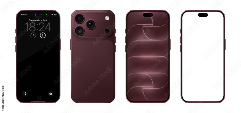 Obraz premium Detailed burgundy red mobile phone mockup. Front and rear view isolated on transparent background. Vector PNG