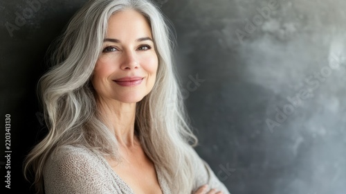 Smiling senior woman with long gray hair