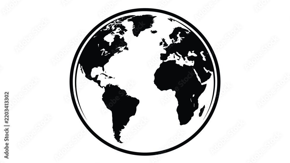 Fototapeta premium World map inside a circular frame rendered as a flat black graphic on a white background.