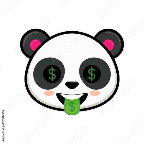 Vector illustration of the face of a cartoon panda bear with the dollar sign in the eyes and tongue. Dollar bear logo flat design.