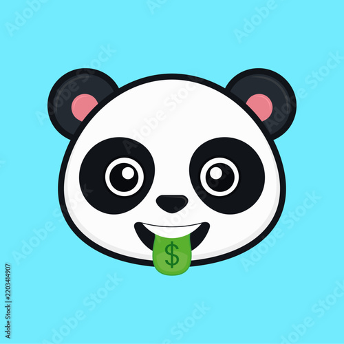 Vector illustration of the face of a cartoon panda bear with the dollar sign in the eyes and tongue. Cute bear logo with dollar.
