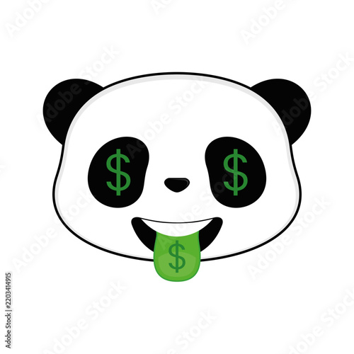 Vector illustration of the face of a cartoon panda bear with the dollar sign in the eyes and tongue. Dollar bear logo.