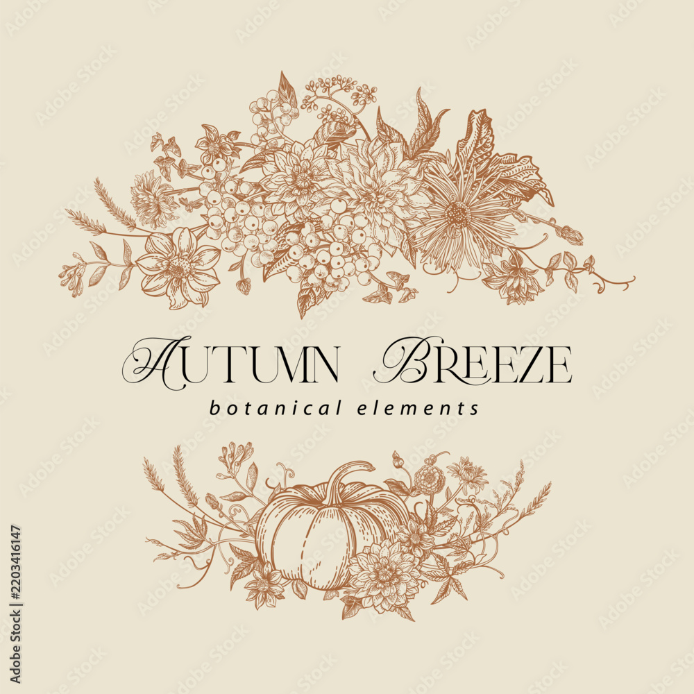 Naklejka premium Round arrangement featuring garden flowers and a pumpkin. Floral bouquets and pumpkin in engraving style. Vintage fall aesthetic. Brown and cream shades.