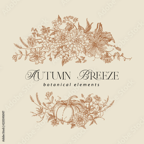 Round arrangement featuring garden flowers and a pumpkin. Floral bouquets and pumpkin in engraving style. Vintage fall aesthetic. Brown and cream shades.