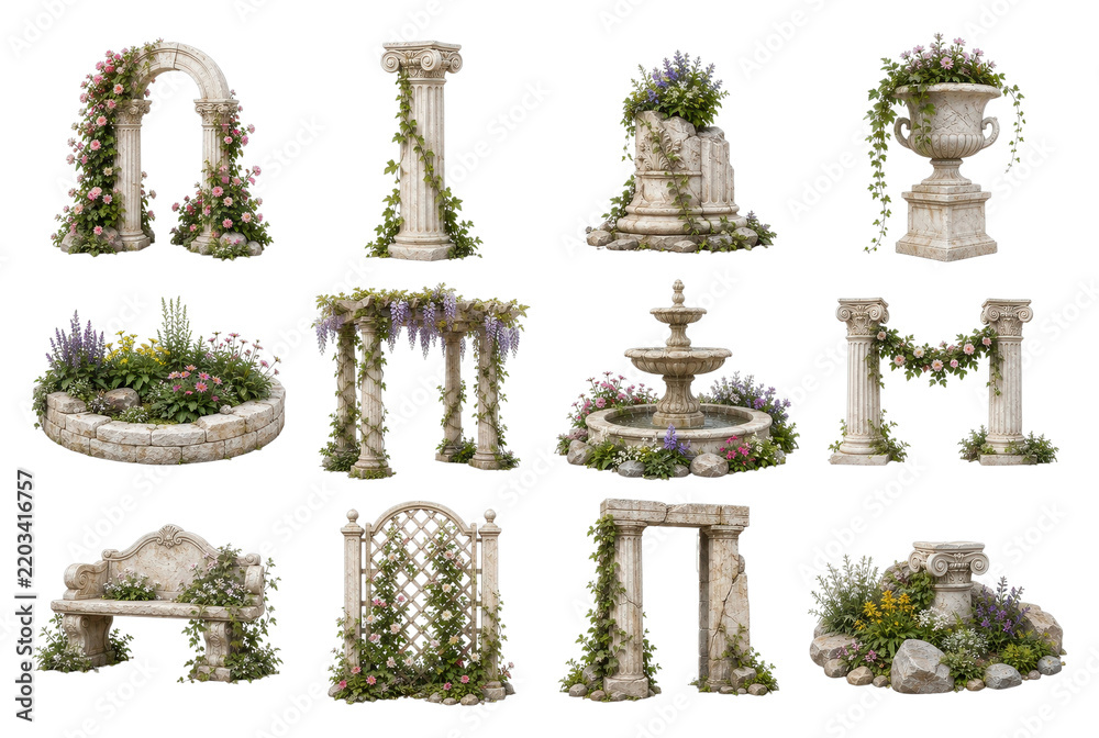 Obraz premium PNG Decorative garden stone arches, columns, fountains, planters