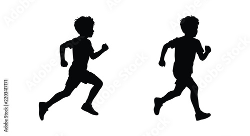 Silhouettes of two children running depicted as a black shape on a white background
