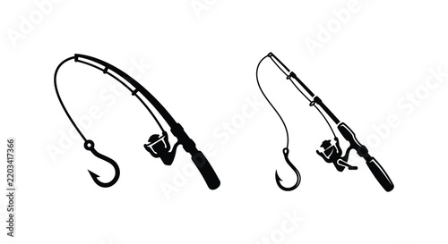 Two black silhouettes of fishing rods with reels and hooks against a white background