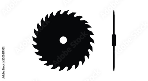 Black silhouette of a circular saw blade and side view on a white background