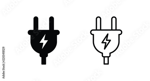 Electric plug icon with lightning bolt black and white line art illustration