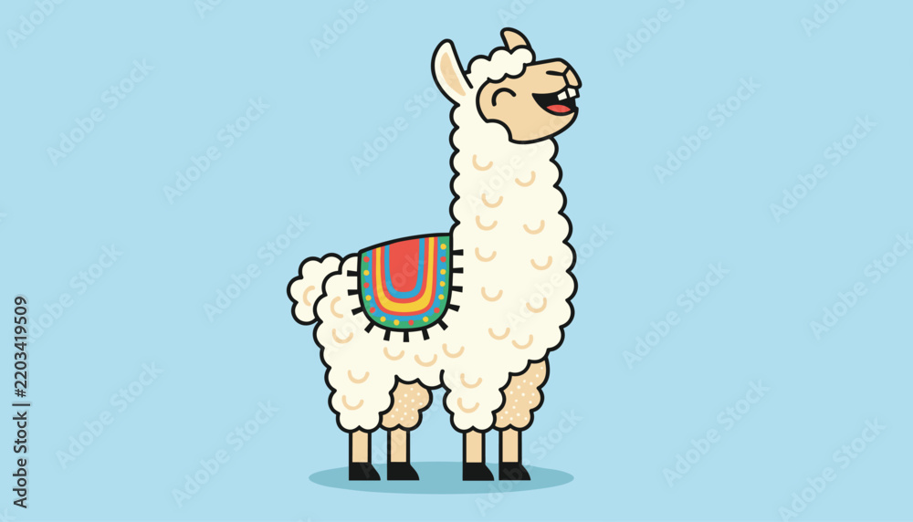 Obraz premium Adorably happy cartoon llama wearing a colorful decorative saddle blanket standing proudly on a light blue background.