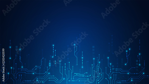 Abstract dark blue technology circuit board vector background with glowing cyan electronic network lines digital connection nodes and copy space