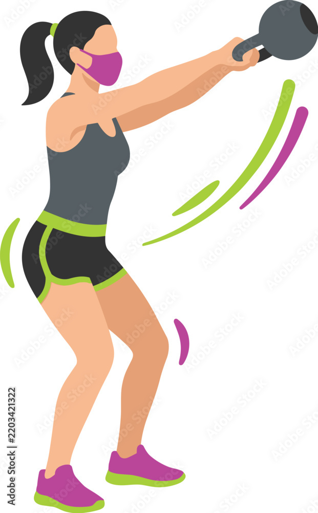 Fototapeta premium Woman exercising with kettlebell in flat style featuring motion lines for a modern fitness vector illustration