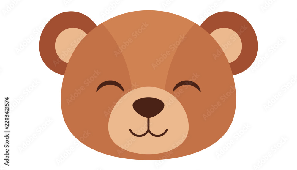 Obraz premium Adorably cute cartoon brown bear head vector illustration featuring a happy smiling face on a plain white background.