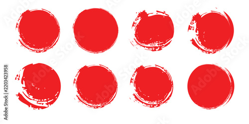Set of vector red brush circles. Rough textured hand painted Japanese flag. Sponge stamp grungy red ink blobs, splashes. Abstract watercolor Japan flag illustration. Symbol of sun,