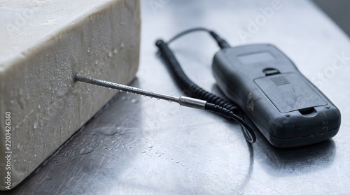 Digital probe thermometer measuring temperature of food block