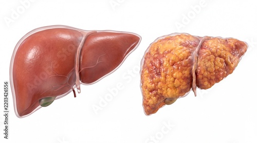 Comparison of a healthy human liver next to a diseased fatty liver.