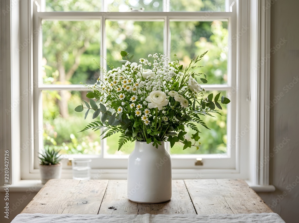 Fototapeta premium Beautiful bouquet of white flowers in a ceramic vase on a rustic wooden table