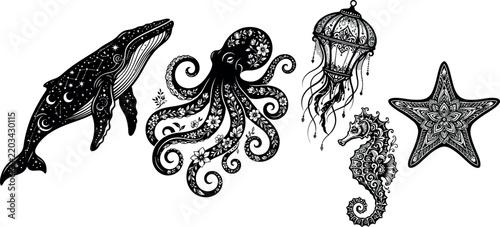 Whimsical sea creatures whale octopus jellyfish seahorse starfish with starry night patterns.