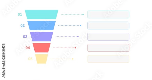 Stage Vertical Funnel Diagram With Empty Callout Boxes, Minimal Infographic Background Animation