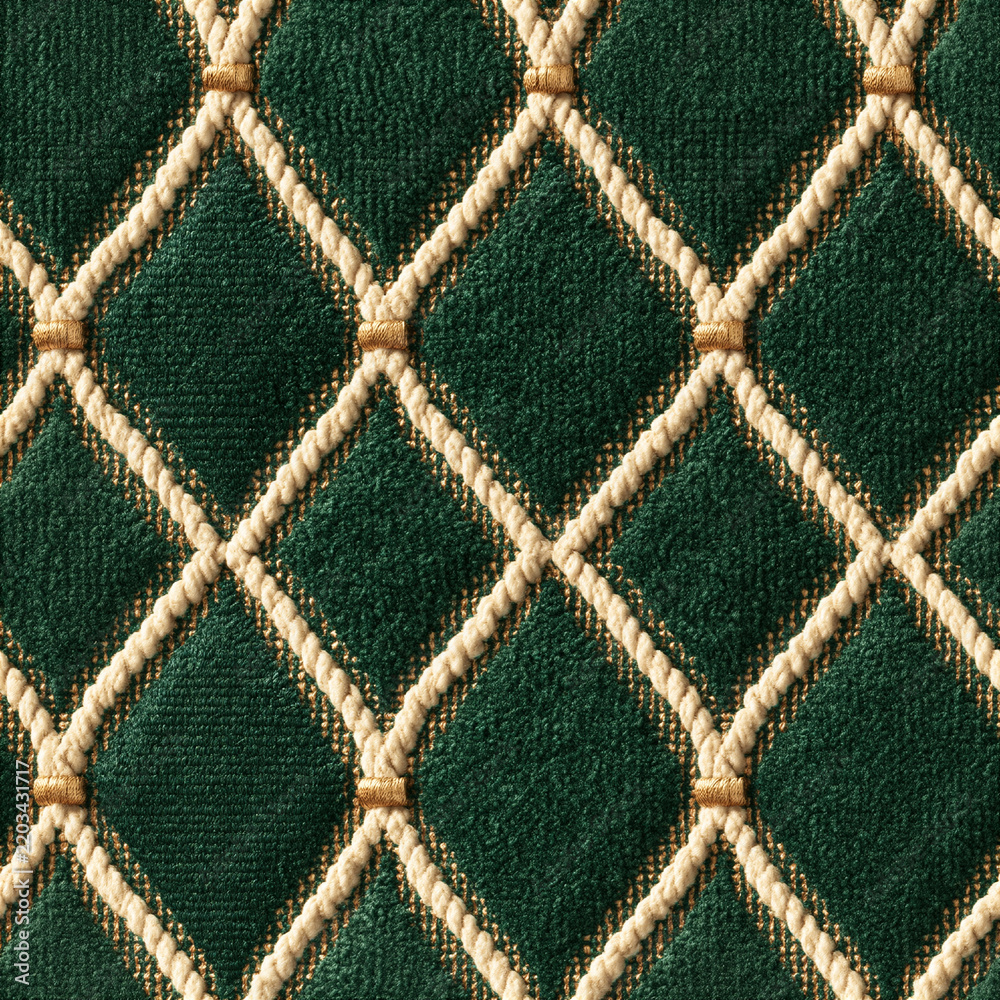 Obraz premium Seamless pattern green velvet quilted fabric with beige ropes forming a diamond pattern, creating a luxurious and elegant textile background