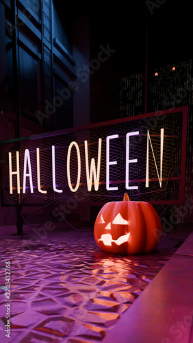 Fotografie Detailed close up of Carved pumpkin widening to suspended neon sign and