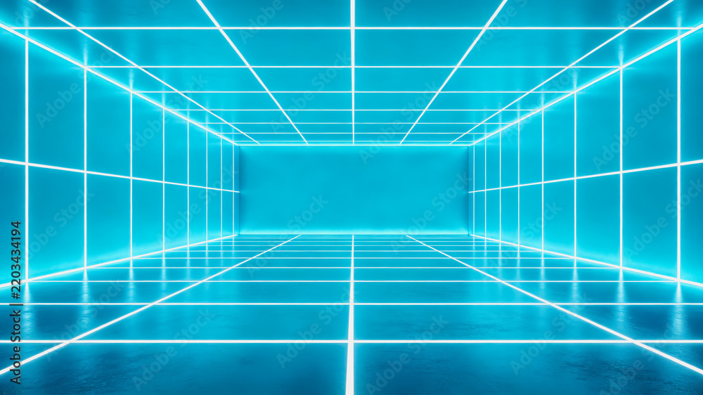 Obraz premium A 3D rendered futuristic digital tunnel with glowing cyan neon grid lines creating perspective depth.