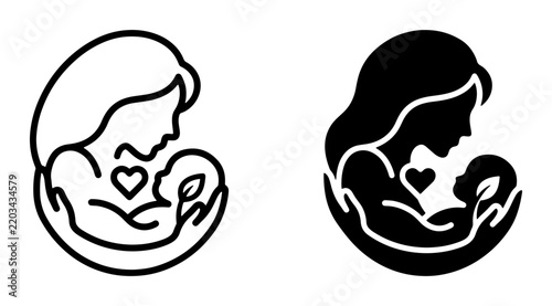 Motherhood Embrace Icon Set, Maternal Love Symbol, Family Care Silhouette, Newborn Nurturing Graphic, Heart and Leaf Elements, Black and White Vector Art