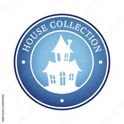 Circular blue featuring a white silhouette of a spooky haunted house with text house collection on a gradient blue background circle isolated on a transparent background