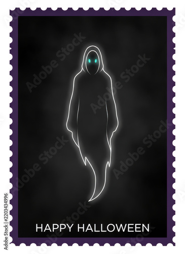 Halloween postage stamp featuring a glowing white ghost with bright cyan eyes on a dark textured background, with the text, happy halloween below isolated on a transparent background