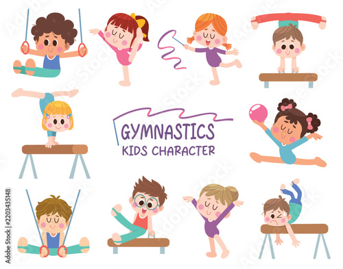 Cute Gymnastics Kids Character Set with Rings Balance Beam Ribbon and Ball