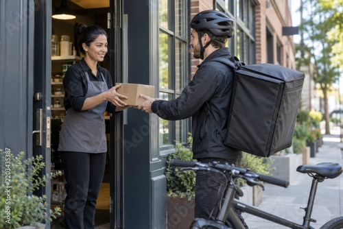 Delivery courier collecting a package from a store employee.