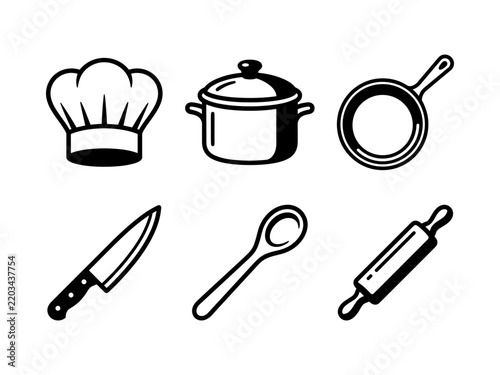Kitchen Utensil Icon Set Minimalist Black and White Vector Symbols
